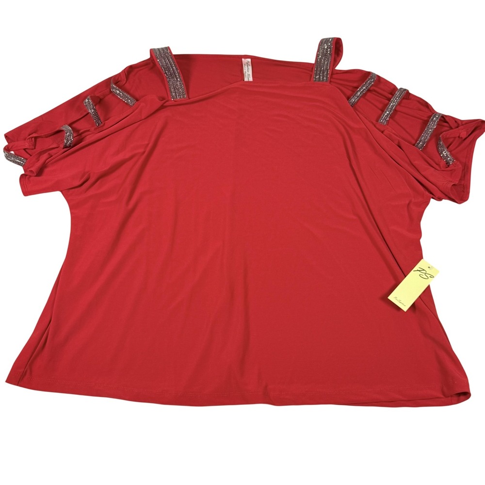 PerSeption 3X Womens Blouse Red Cold Shoulder Embellished Ladder Strappy NWT